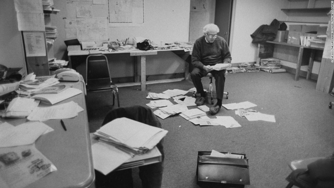 Sanders reads mail at his campaign office in Burlington in 1990. He was running for the US House of Representatives after an unsuccessful bid in 1988.